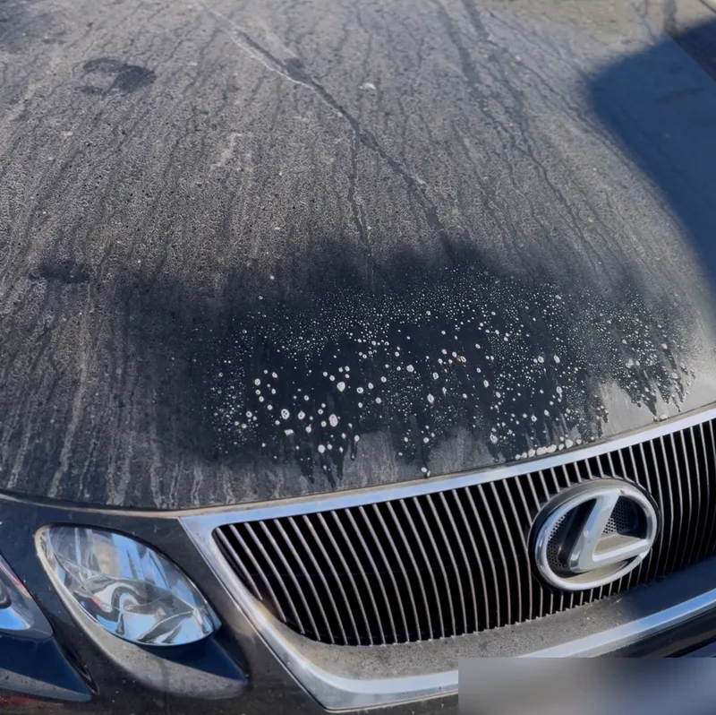 A black Lexus GS covered in dust, rain streaks and bird droppings before detailing.